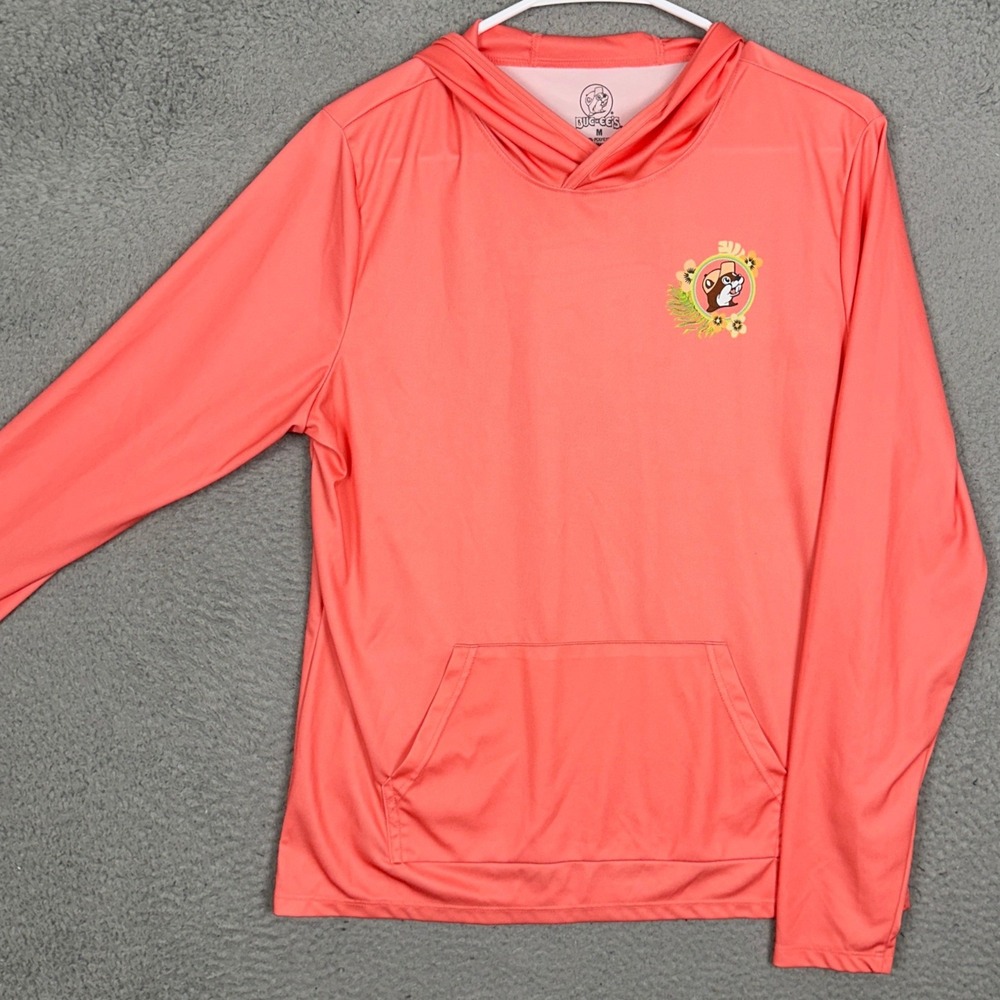 Buc-ees Hoodie Women Medium Coral Pink Tropical Floral Graphic Long Sleeve EUC